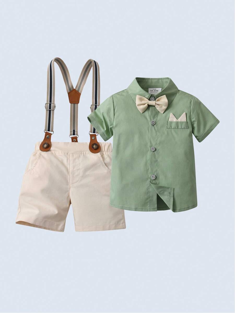 2pcs Set Baby Boy Gentleman Style Short Sleeve Collar Shirt With Bowtie & Khaki Suspender Shorts, Suitable For Birthday Parties, Weddings, Performances And Banquets