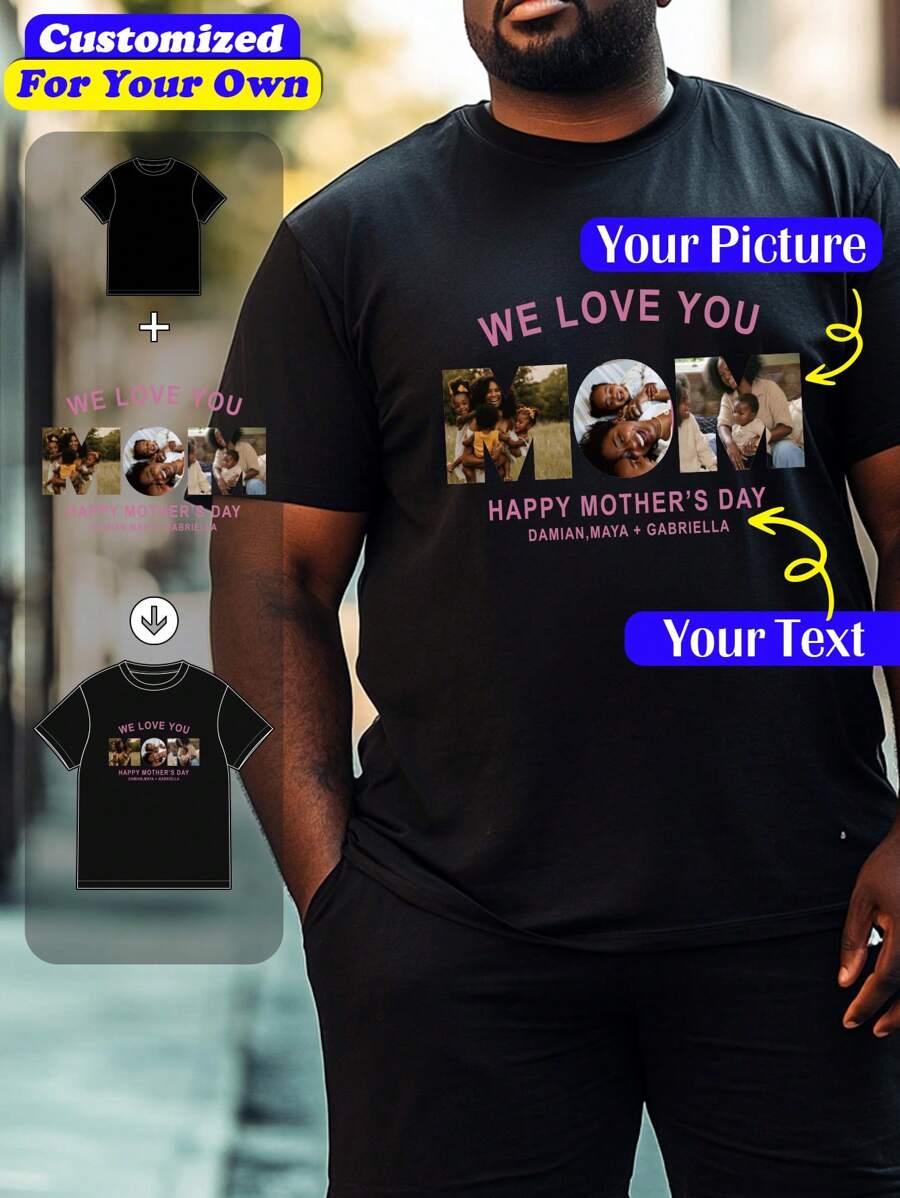 Customized Personalized Loose Round-Neck Dog Cat Pet Memorial Gift Plus Size Men's Casual T-Shirt - Add Your Own Images (Family Photo/Selfie/Pet Photo/Friend Photo/Lover Photo/Girlfriend Photo/Gifts/Logo For Couples/Customizable Tee For Husband Or Boyfriend Or Girlfriend) And Your Text To Design Your Personalized Printed T-Shirt Father's Day Mother's Day