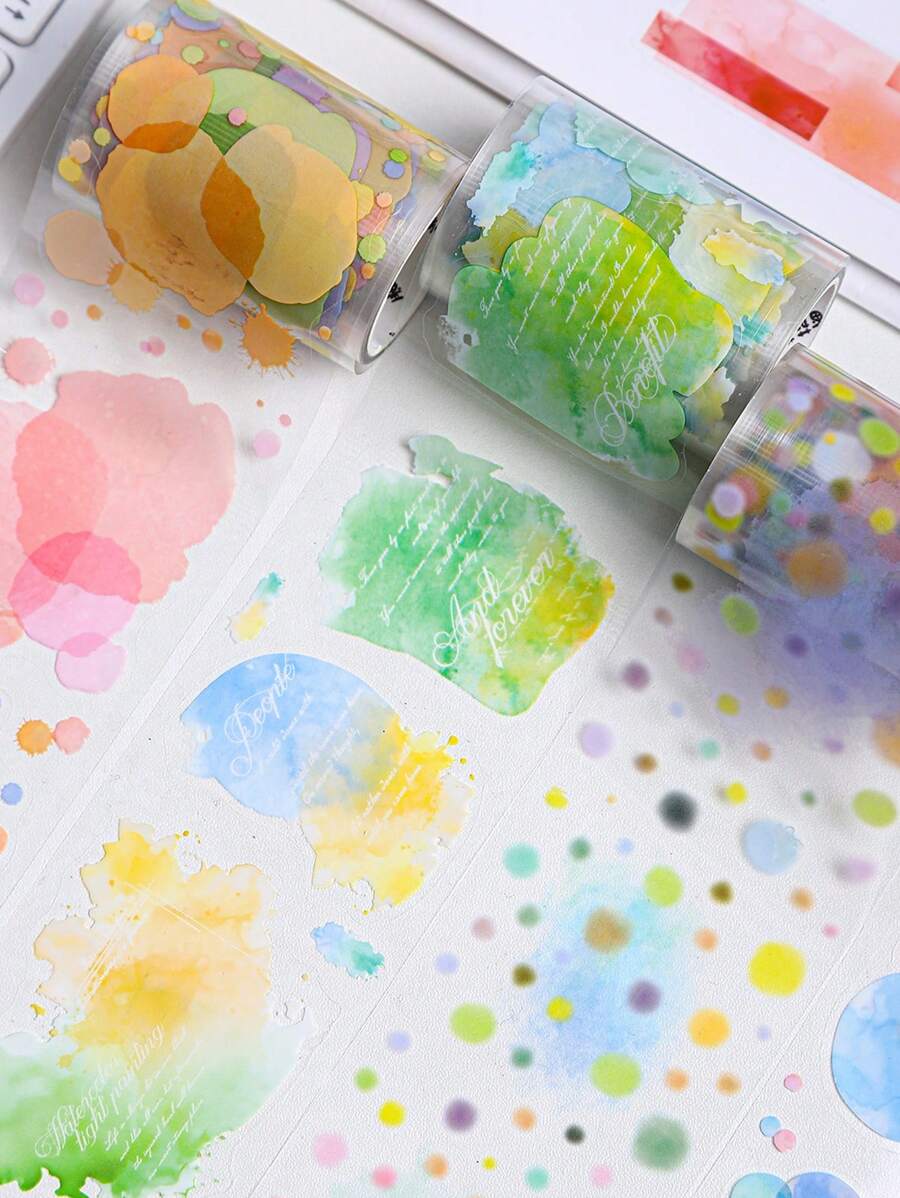 1 Roll PET Watercolor Gradient Washi Tape, Watercolor Series, Suitable For Gifts, Office, Home, Marking, Labeling, Classroom, Entertainment Toys, Student Planner Creative Vintage Decoration DIY Tapes Back To School