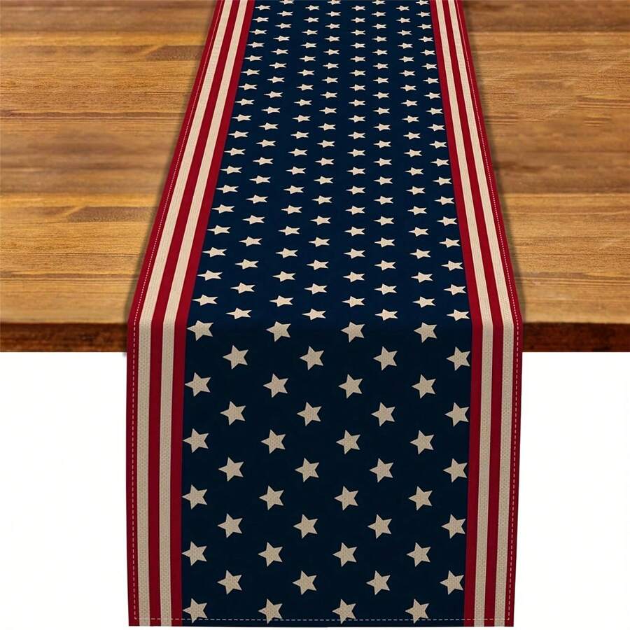 1 pièce de chemin de table rectangulaire au look de lin patriotique américain, en matériau 100% tissé, convenant pour le Jour de l'Indépendance, le Memorial Day - design rayé bleu et blanc, convient pour la salle à manger, le salon, le bureau - décoration de fête centrale, plusieurs options de taille, décoration du Jour de l'Indépendance