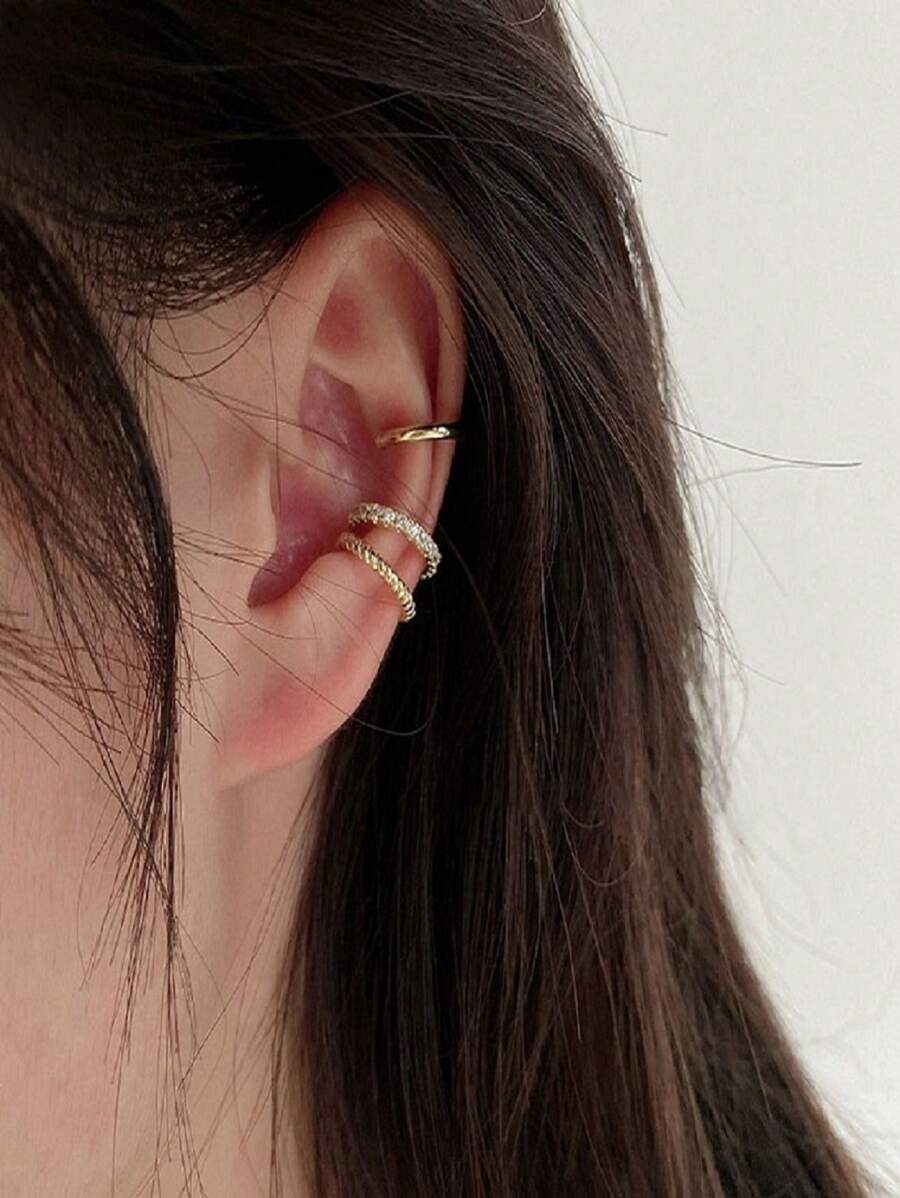 1 Set Of 3pcs Minimalist Vintage C Shape Rhinestone Clip On Earrings, Suitable For Women's Daily, Festive And Party Wear
