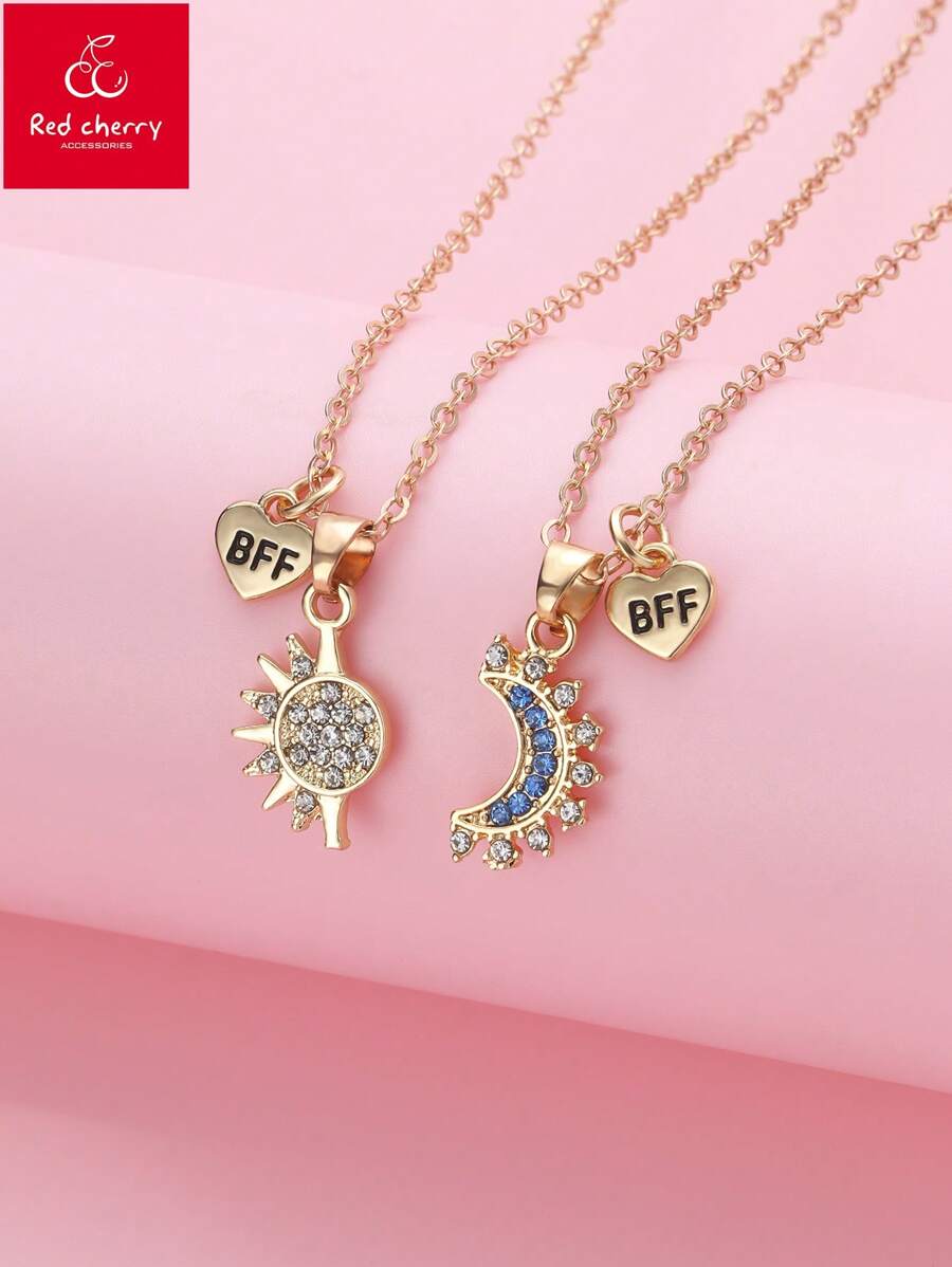 2pcs Zinc Alloy Bling Sun & Moon Design Necklace Set For Girls, With BFF Pendant, Suitable For Friendship Matching Everyday Wear