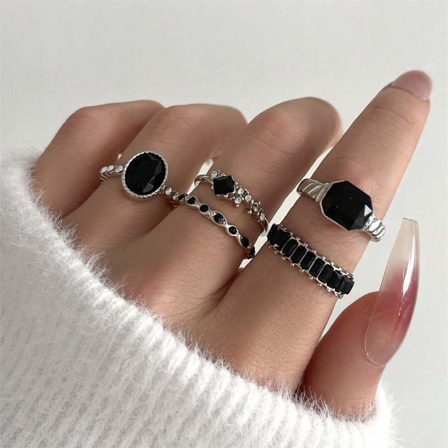 5 Stücke/Set Europäischer und Amerikanischer imitierter schwarzer Edelstein geometrischer Strass Ring