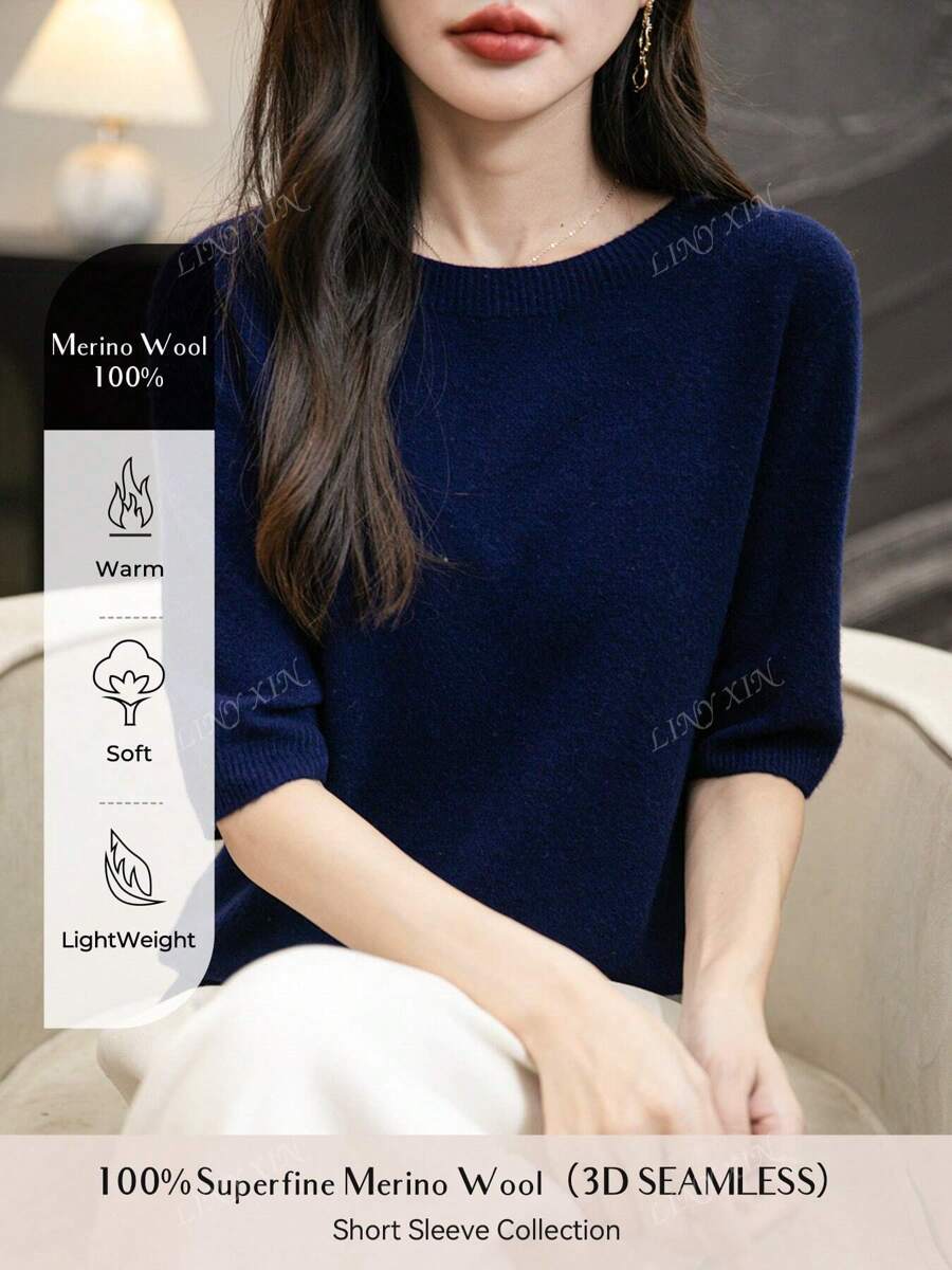 T-shirt en laine mérinos 100% pour femmes, pull sans couture en une seule ligne, chemise décontractée, pull col rond manches courtes, nouveau t-shirt en laine pour le printemps et l'été