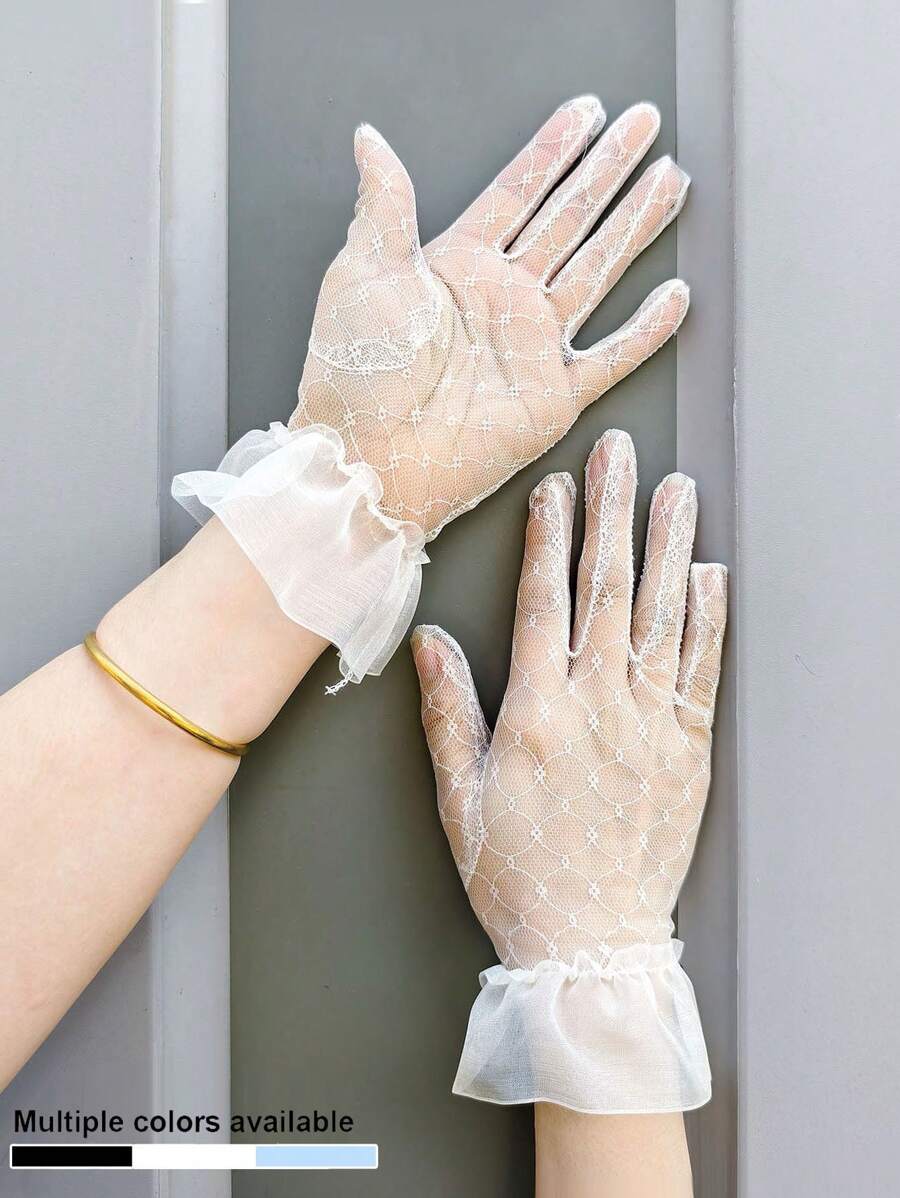 1 Pair Women Elegant Solid Color Lace Patchwork Short Fingerless Gloves, Polyester Fiber, Suitable For Spring/Summer, Weddings, Daily Wear