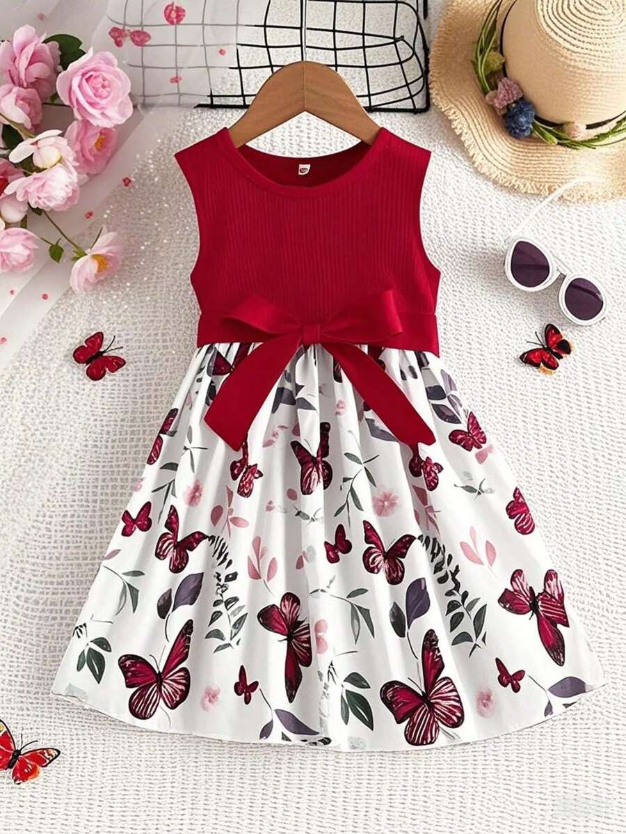 Mädchen Kleid mit Schmetterling & Blumen Ärmelloser Schleifenapplikation, Elegante Mode, geeignet als Outdoor-Bekleidung Frühling/Herbst, kann als Geschenk gegeben werden