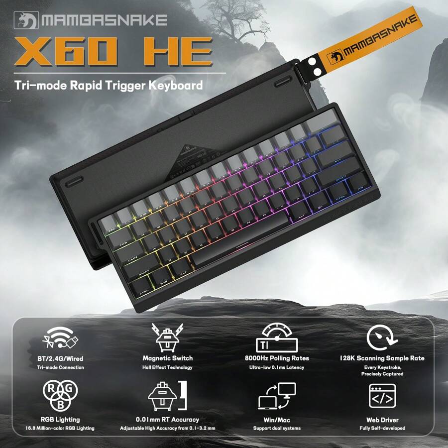 Trigger Wireless Gaming Keyboard,Hall Effect Magnetic Switches,Adjustable Actuation,0.1ms Ultra-Low Latency, 8KHz Polling Rate,3-Mode RGB,PBT Keycaps For Win