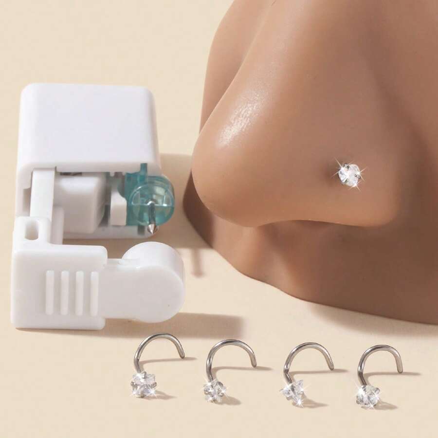 1/5pcs 316L Stainless Steel Zirconia Embedded Heart, Star, Geometric, Circle, Square Nose Studs, Versatile Body Piercing Jewelry, Disposable Tools, Perfect Gifts For Women