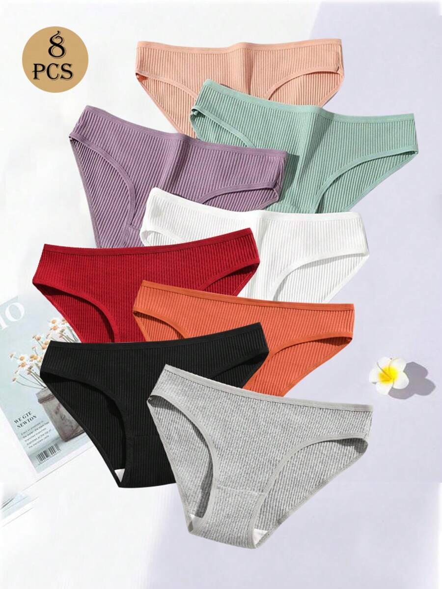 8pcs/Pack Women Low-Rise Solid Color Breathable Lifting Triangle Panties, Dual-Layer Crotch Design For Girls