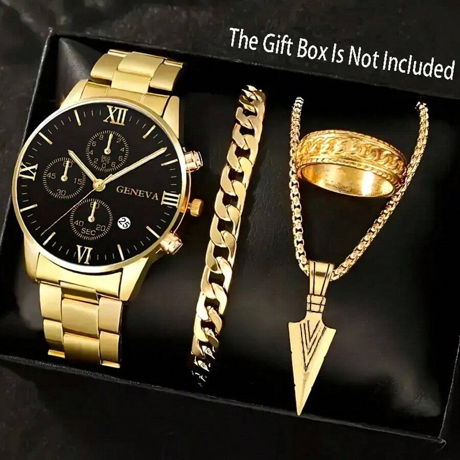 4-teiliges elegantes Herren Quarz-Uhr-Set mit Edelstahl-Armbändern und Zinklegierungsgehäuse - perfektes Geschenk für Männer