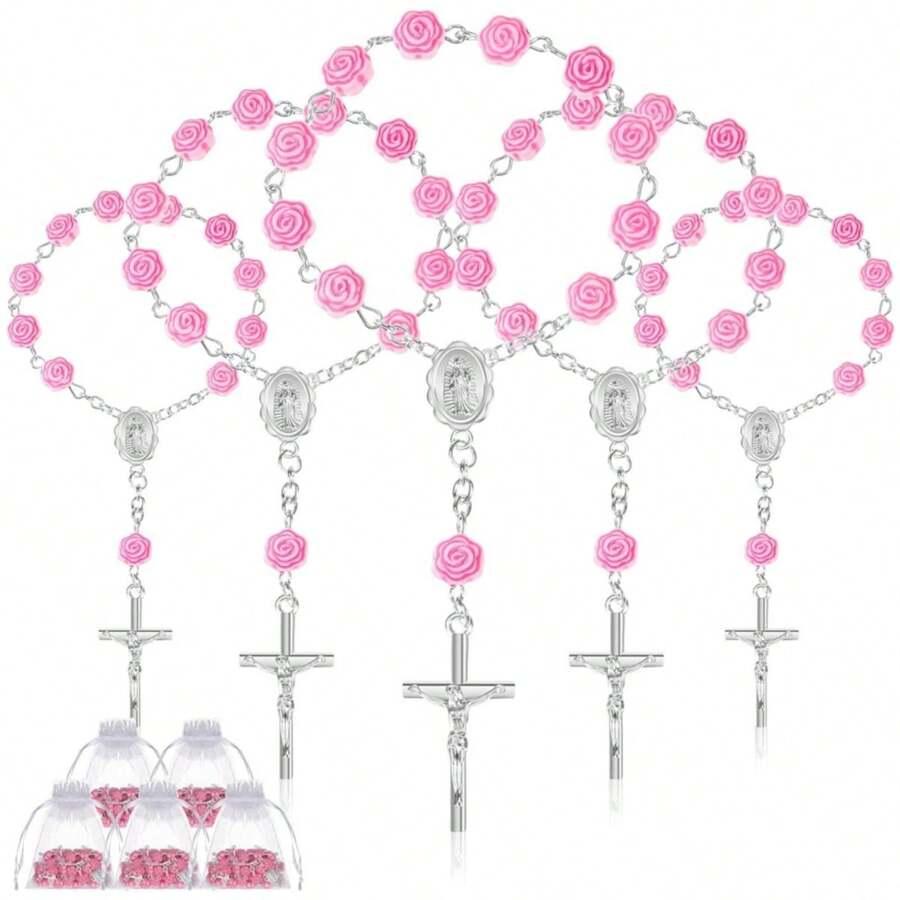 1/5/10 Sets Baptism Mini Baptism Favors Finger Baptism Rosaries Pink Rose Shaped Beads With Organza Bags For Christening Weddings First Party Favors