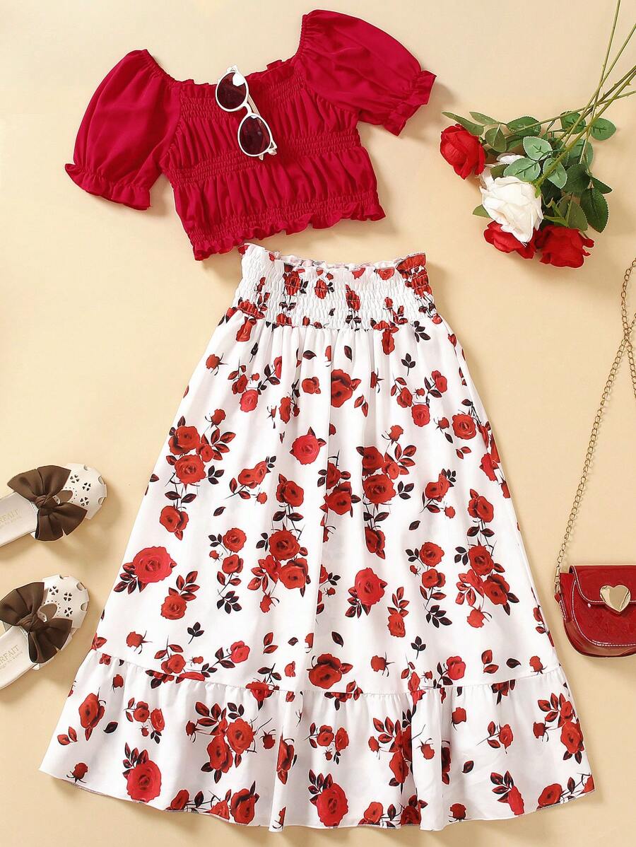 2025 Summer & Sweet Style Tween Girl Sets, Solid Color Ruffle Trim Puff Sleeve Square Neck Blouse & Ditsy Floral Mini Skirt, 2pcs