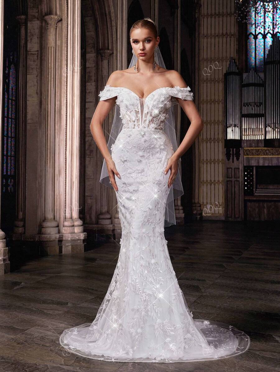 QOQ Vestido de novia romántico de alta gama para bodas de verano, vestido formal de mujer para bodas dulces, fiestas de moda, bodas al aire libre. Vestido de novia blanco con hombros descubiertos y sin tirantes con encaje
