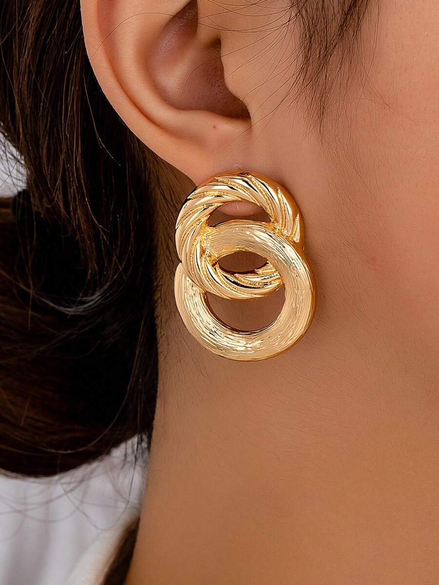 1 Pair Golden Metal Geometric Circle Stud Earrings For Women, Luxurious, Elegant, Fashion, Suitable For Mother's Day, Party, Banquet And Daily Wear