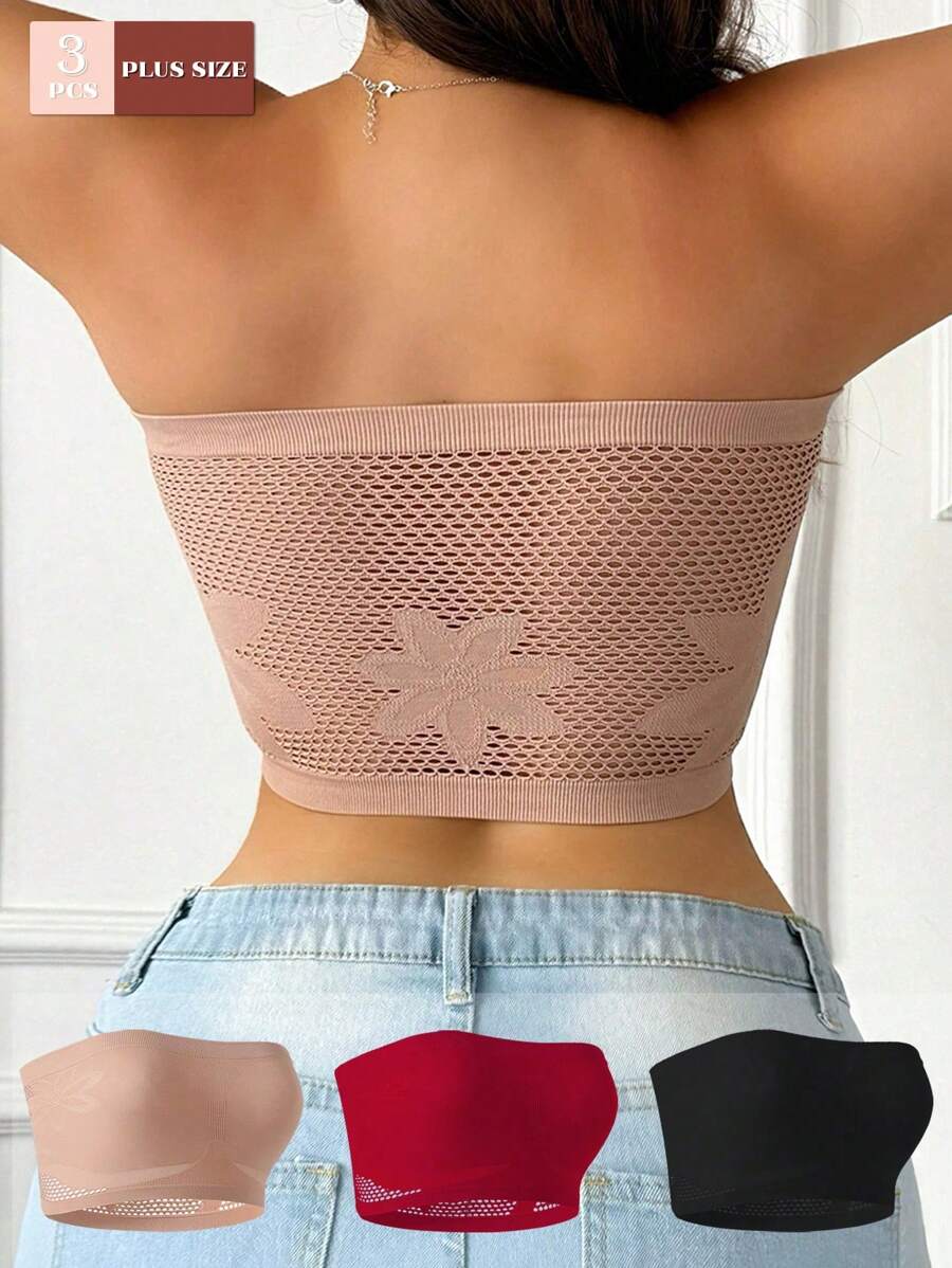 Set de 3 piezas de ropa interior de mujer con diseños de plisado, estampado, calado y rejilla, sujetador bandeau de unicolor