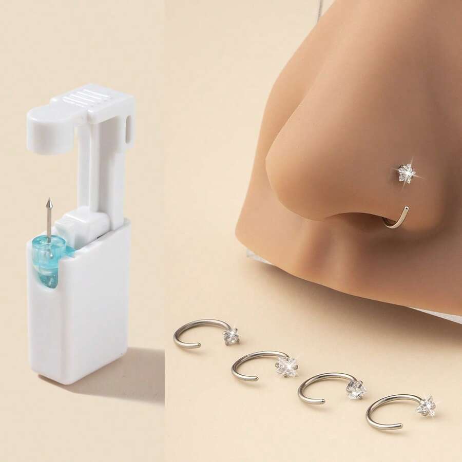 1-5pcs Fashionable 316L Stainless Steel Inlaid Heart, Star, Geometric, Round, Square Zirconia Nose Rings, Clip-On Nose Studs, 1-Time Use Piercing Tool, Suitable For Women, Body Jewelry Accessories, Gift