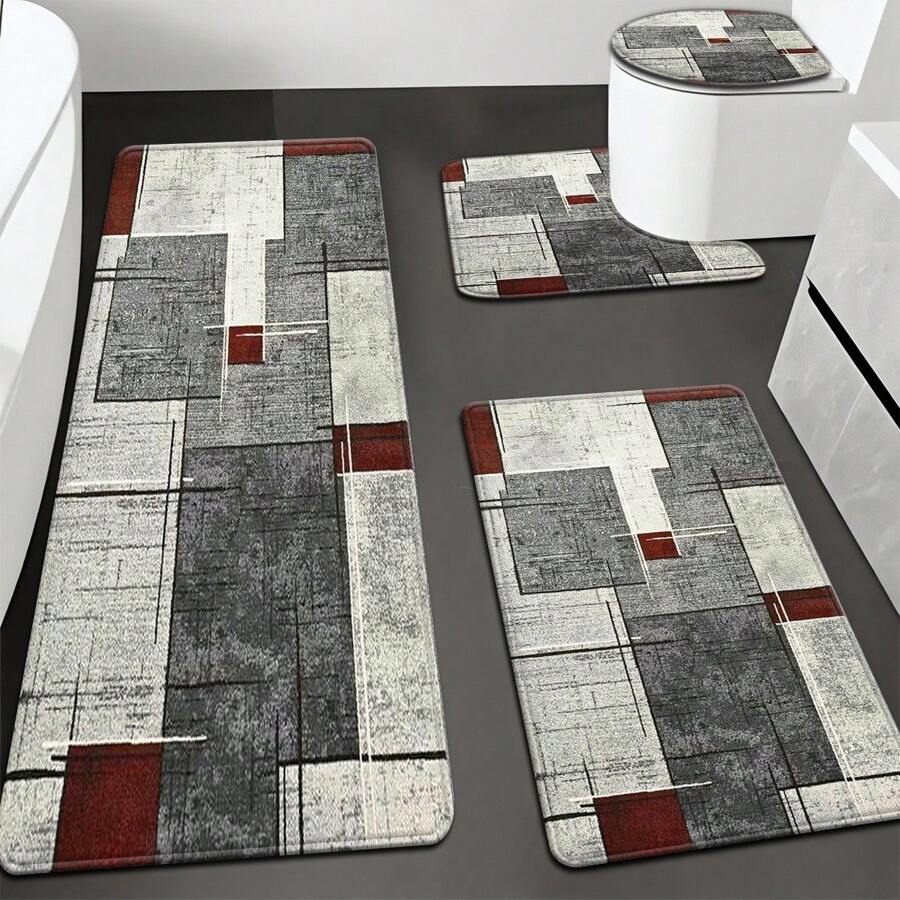 4pcs Multicolor Modern Art Series Rich Color Pattern Comfortable Bath Mat For Toilet, Bathroom, Bedroom