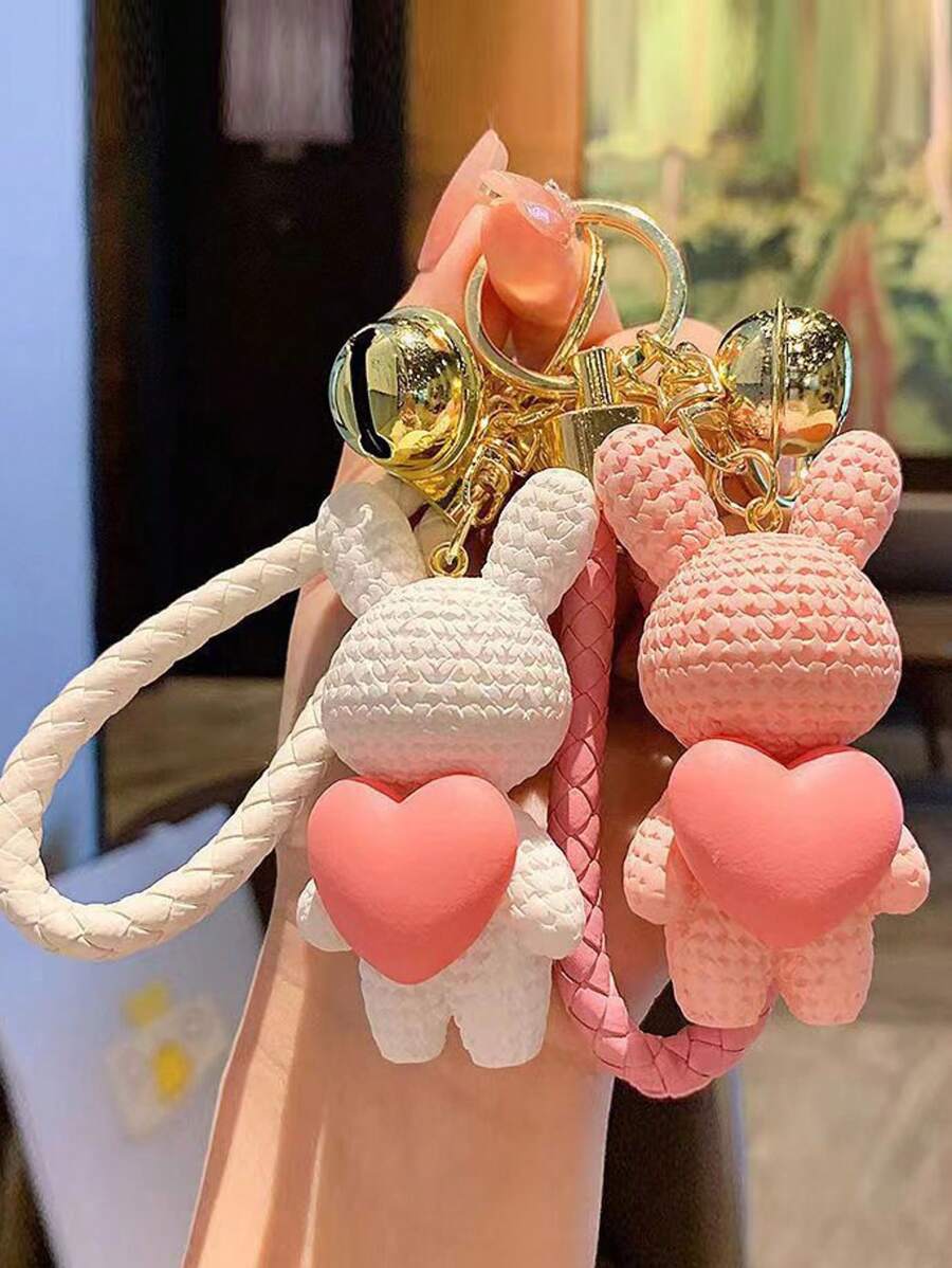 1pc Cartoon Rabbit Heart Shaped Resin Keychain Cute Couple Gift, Bag & Car Pendant Accessories, Birthday Present