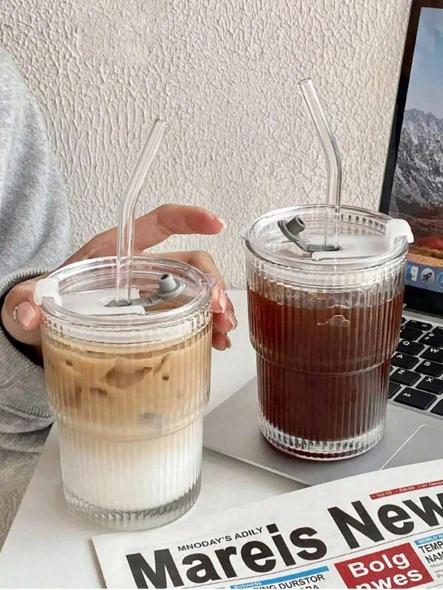 1pc,Coffee Cup, Ins Style Vertical Striped Glass Straw Cup, Highly Attractive Milk Cup, Household Beverage Water Cup, Beer Cup, Whiskey Glass