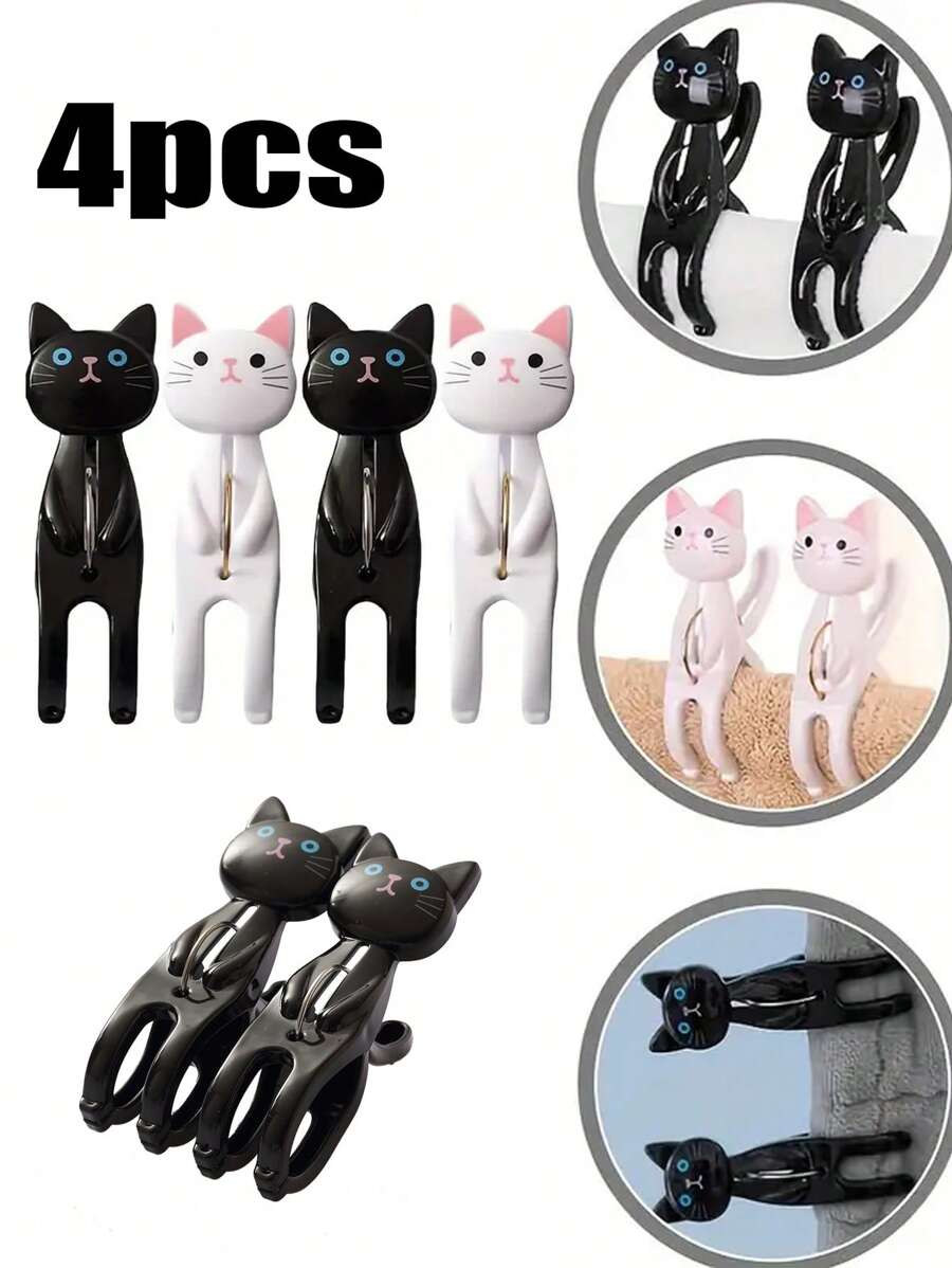 4 piezas Pinzas para toallas de playa con forma de gato, pinzas de plástico para sillas para toallas, pinzas lindas de gatos de dibujos animados, pinzas sujeta-toallas, pinzas antiviento para toallas de playa y ropa