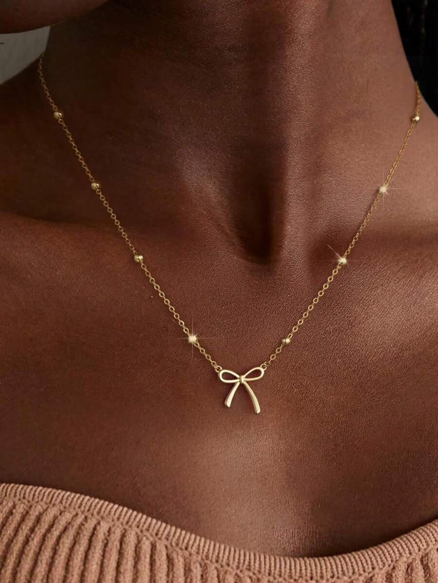 1 Pc Stainless Steel Jewelry Gold Bow Bowknot Pendant Bead Chain Set Simple Cute Fashion Girl Versatile High-End Necklace Stylish Minimalist Bow Pendant Necklace