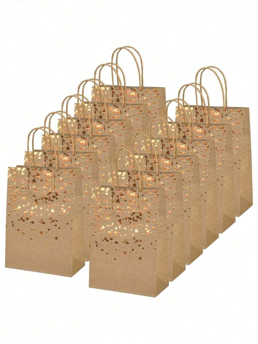 6 pièces Sacs cadeaux marron et noirs, sacs en papier kraft avec feuille d'or, sacs cadeaux en papier kraft avec anses, sacs de faveurs de fête pour mariage, anniversaire, Noël, Saint-Valentin (21x15cm). Décorations de fête pour cadeaux, remise des diplômes, anniversaire.