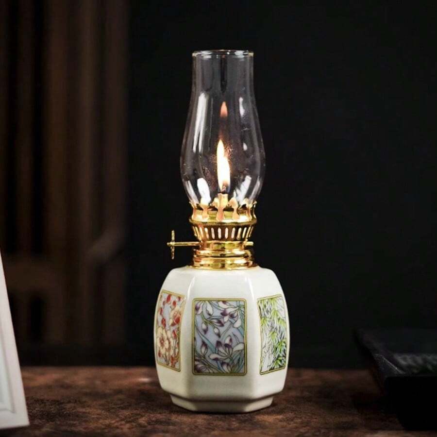 1pc Ceramic Plum, Orchid, Bamboo, Chrysanthemum Oil Lamp, Adjustable Wick Camping Fuel Lamp, Ceramic Candlestick For Altar, Desktop Decor Lamp, Indoor Ceramic Oil Lamp, Oil Lamp/Hurricane Lamp With Flame Control Knob, Celebration Lamp, Retro Metal Appearance, No Power Supply Required.