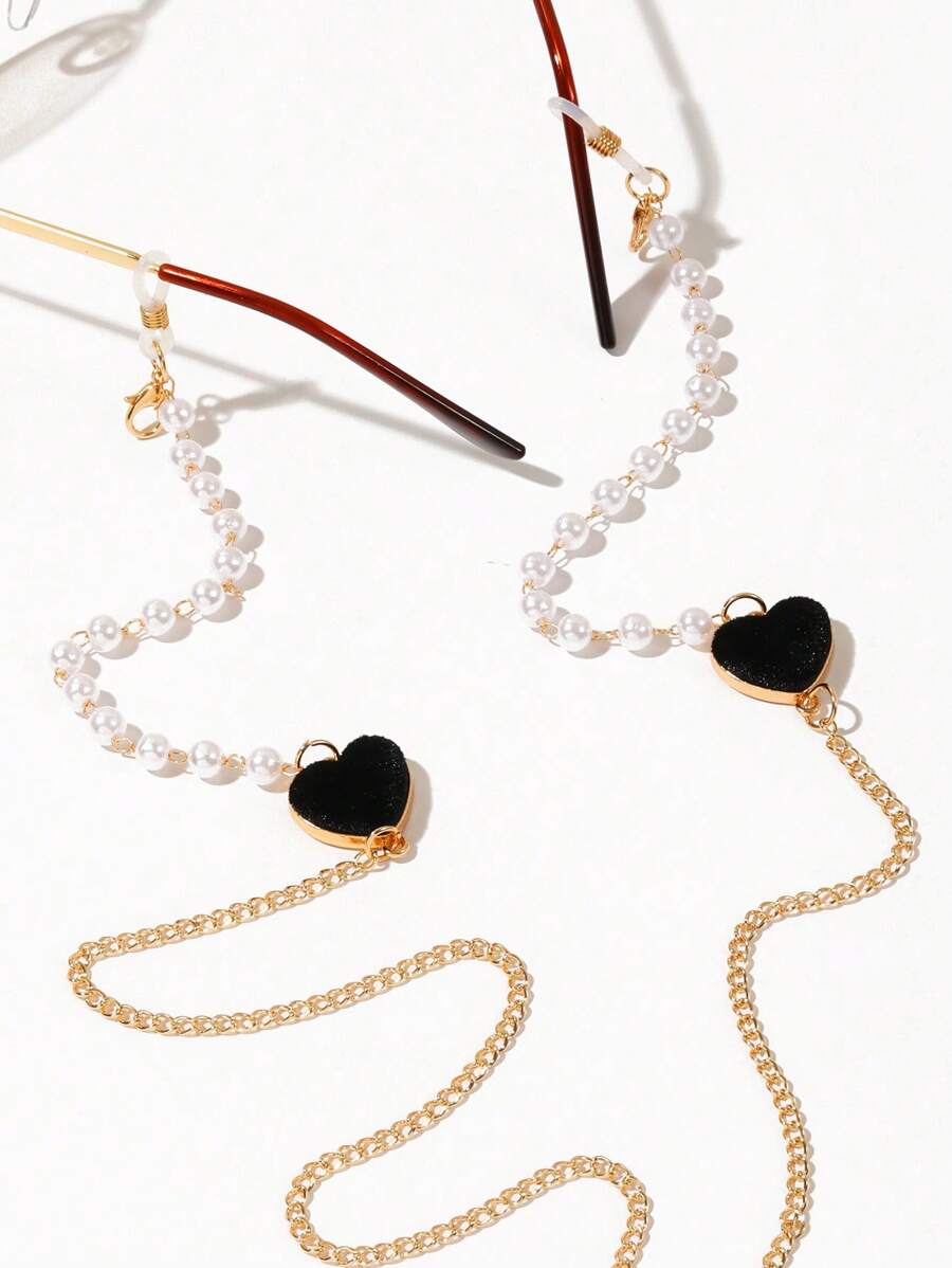 1 Stück stilvolle Metall ummantelte Plüsch Herz- und Perlen Design Brillenkette für Frauen, modisches, süßes Silikon rutschfester Brillenhalter, Brillenband, Sonnenbrillen Kette für Frauen, unentbehrliches Accessoire mit Kunstperle in Herzform für den Urlaub