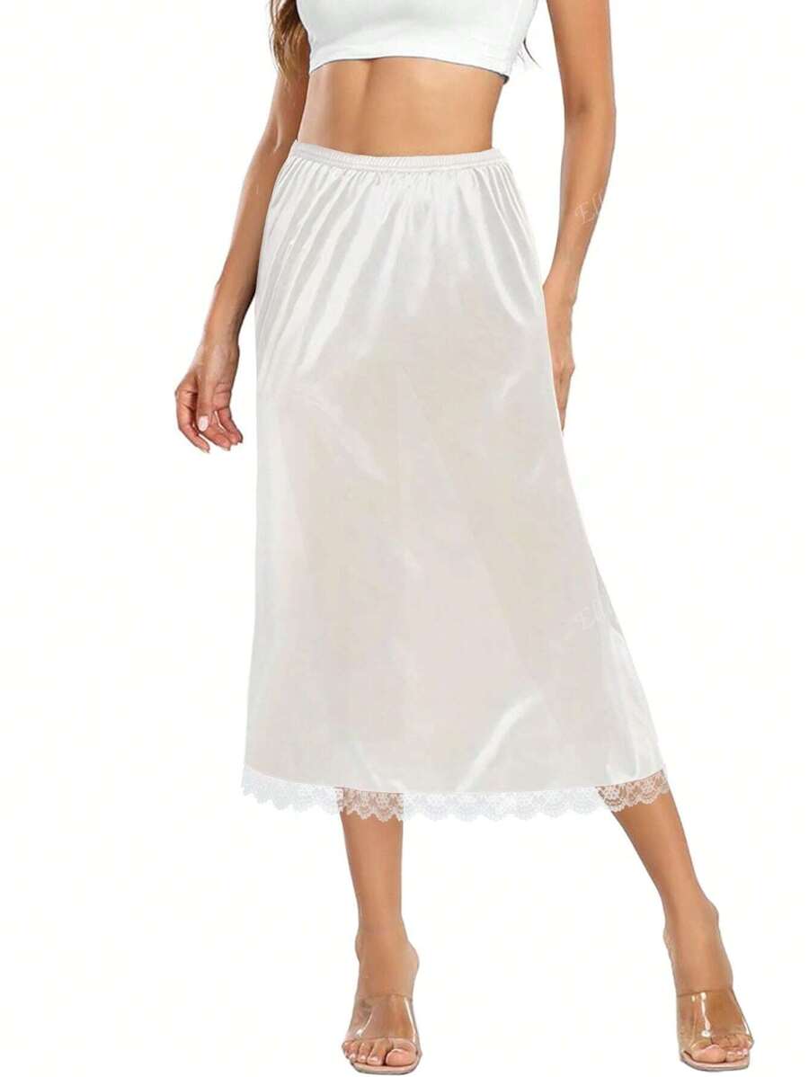 Women's Elegant Skirt With Lace Hem And Elastic Waistband, Slip/Underskirt For Daily Skirt Layering