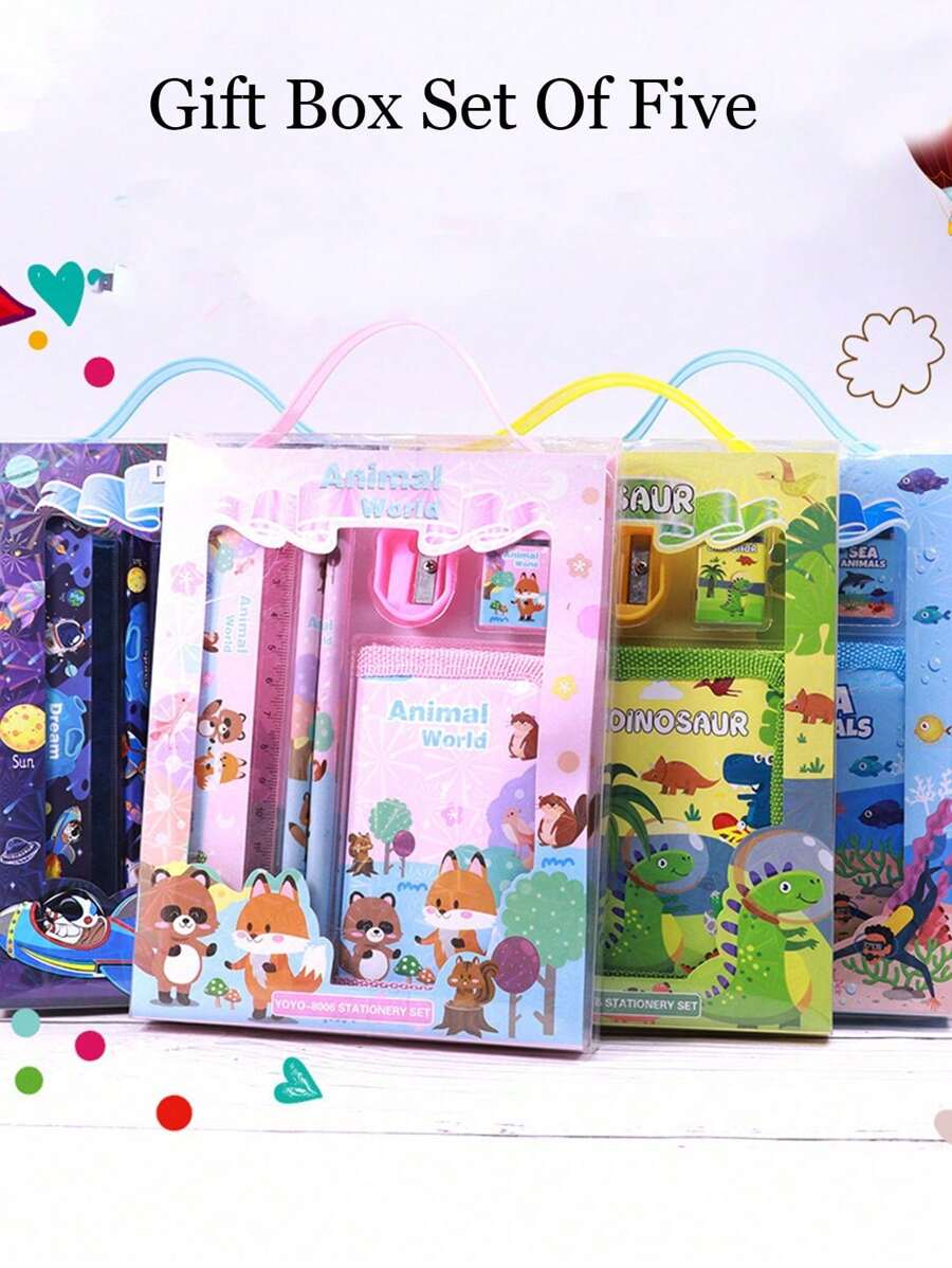 1 Set de suministros de papelería de regalo con diseño de dibujos animados para estudiantes que incluye estuche para lápices, bolsa con cremallera y artículos de papelería en una caja con diseño de regreso a la escuela