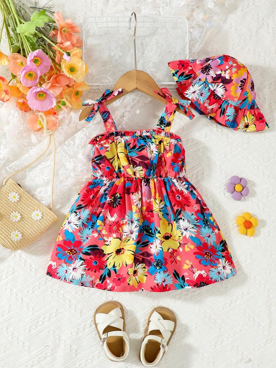 1buc rochie sling cu imprimeu floral pentru fetițe, cu pălărie, atmosferă de vacanță