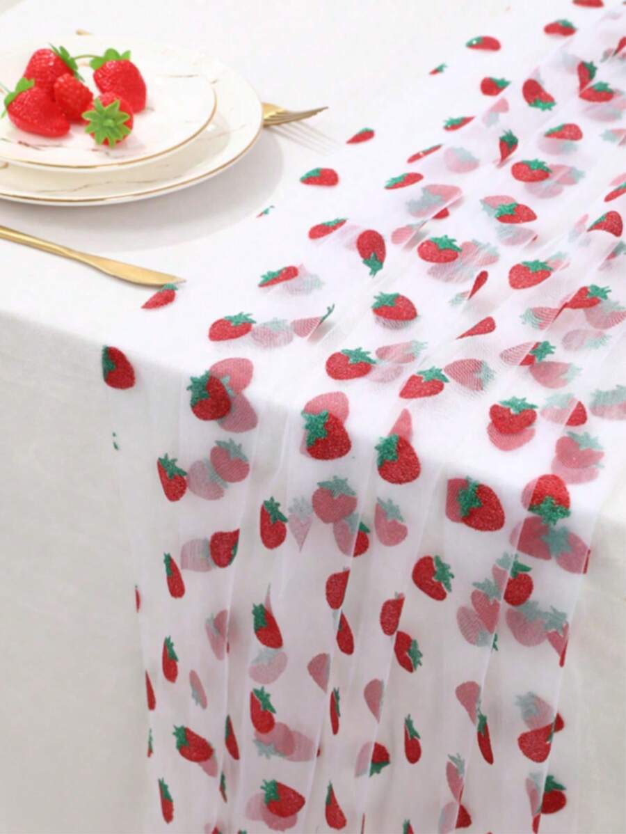 1 Stück Tischdecke mit Erdbeermuster, 75cm x 300cm Mesh Voile Tischdecke, geeignet für Geburtstag, Hochzeitsparty Dekoration, Heimdekoration, Sommerfrucht Themen Tischdecke, Ferienfest Tischdecke Geschenke Strand Einschulung Schulbedarf Raumdekoration