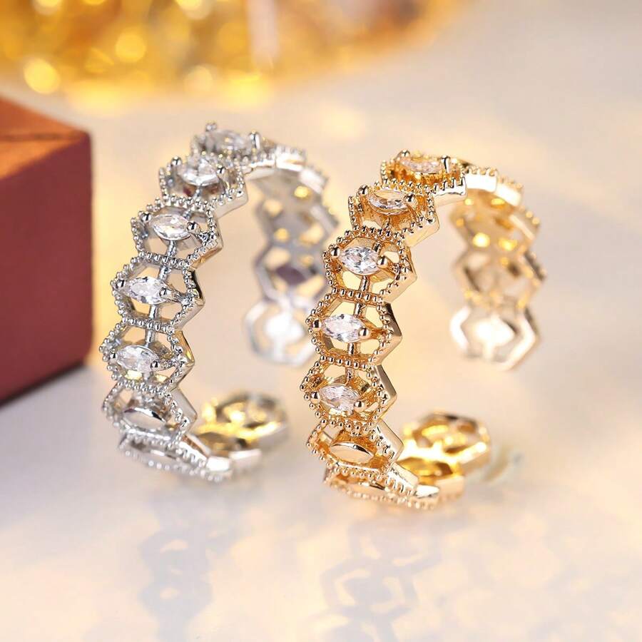 1pc Elegant Zirconia Open Ring Women Fashion Jewelry, Holiday Gift