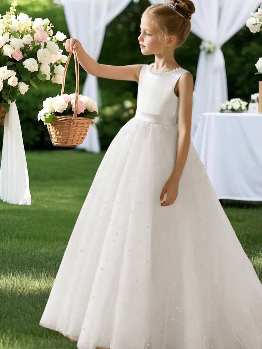 Vestido largo sin mangas con escote trasero, lazo, perlas y malla para niñas, apropiado para fiestas de cumpleaños, actuaciones y bodas