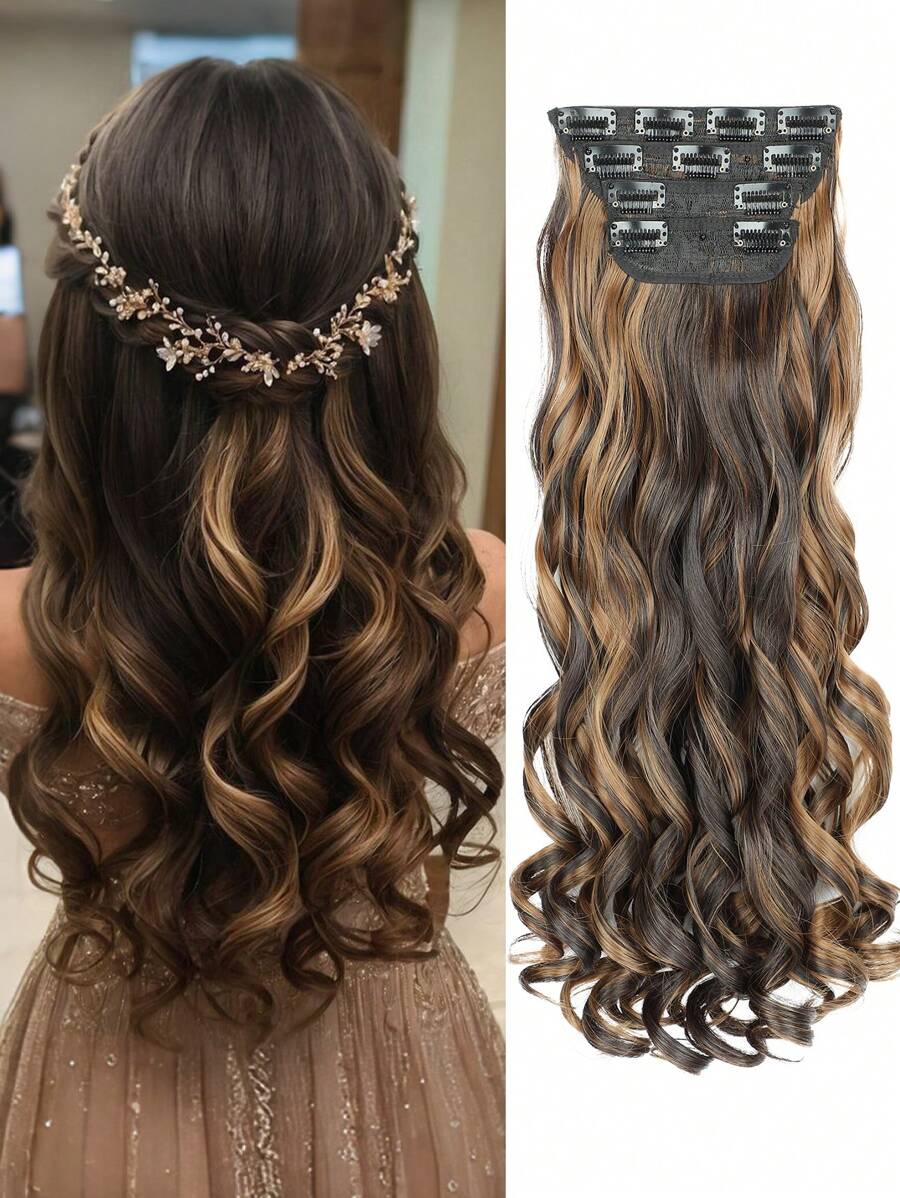 Clip In Hair Extensions, 20 Inch Long Wavy 4PCS Hair Extensions Natural Soft Synthetic Fiber High Temperature Heat Resistance Clip In Hairpieces For Women Weddings Party Daily Use