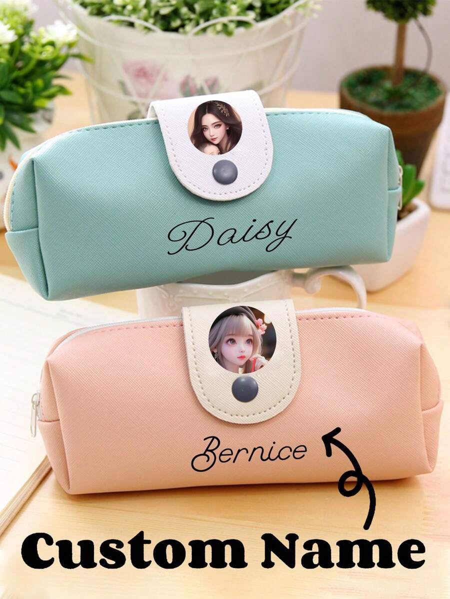 1 PIEZA Bolsa de lápices simple BW82 con capacidad grande, de estilo fresco y sencillo con barba de PU para estudiantes. Personalización de texto y foto, útiles escolares, regalos para maestros, para universidad, colegas, dormitorios, adolescentes, estudiantes de secundaria y universidad.