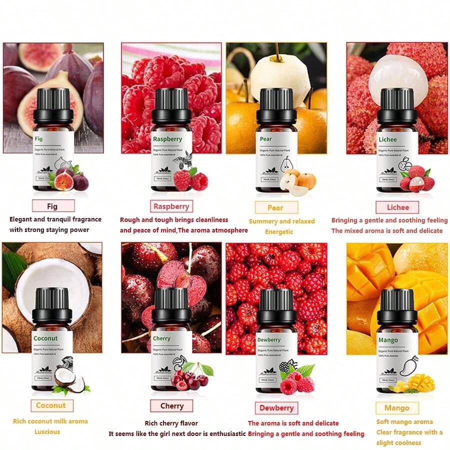 1 pezzo Olio essenziale ai frutti da 10ml/0,33 fl.oz, con aroma di frutto della passione, lampone, mango, anguria, ciliegia, lime, mela, cocco, fragola, fragrante, utilizzato per il benessere