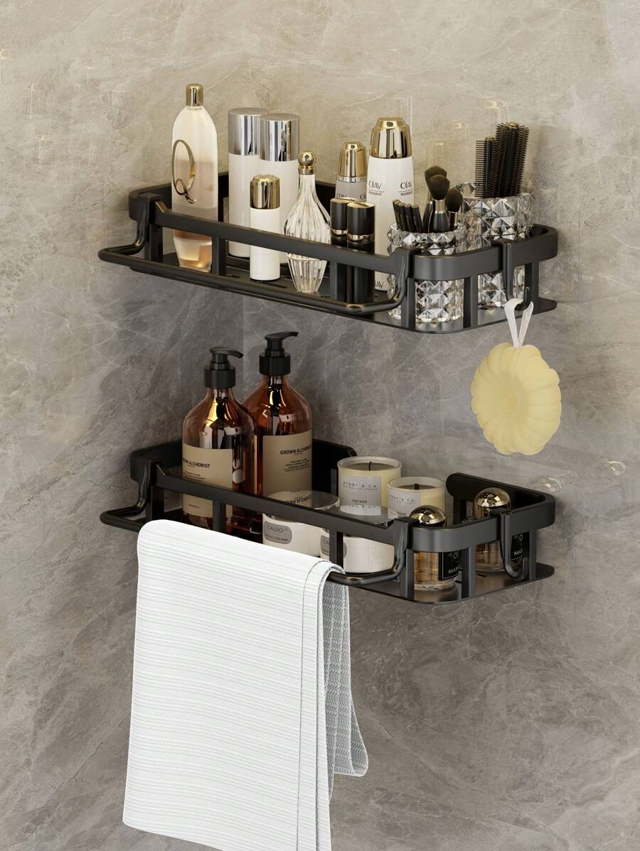 1pc Plastic Storage Shelf, Bathroom Shower Rack, Removable & Washable, Wall Mounted Vanity Organizer Rack, No-Drill Back To School