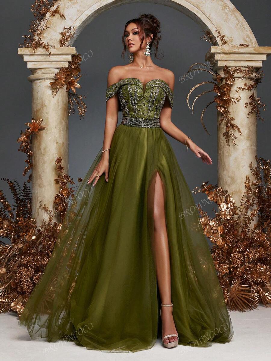 Olive Green Strapless Beaded Sequin Embellished Tulle Dress Beaded Gowns Formal Evening Party Dresses Gowns Wedding Guest Prom Dresses