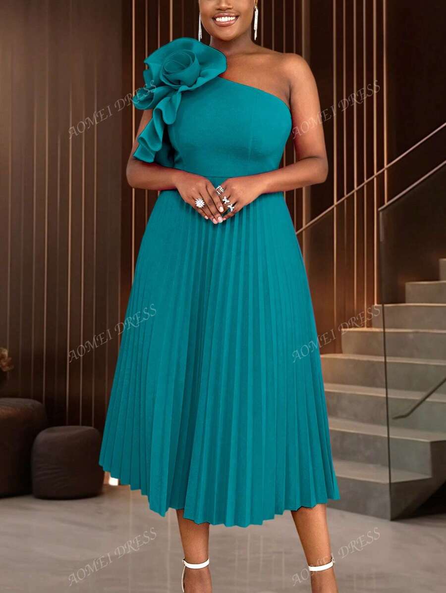 One Shoulder Oblique Collar Pleated Dress, Christmas Party Outfit Valentine Day,Outfit,For Date,Party,Wedding Dress,Bridesmaid Dress,Graduation Dress,Wedding Guest Back To School
