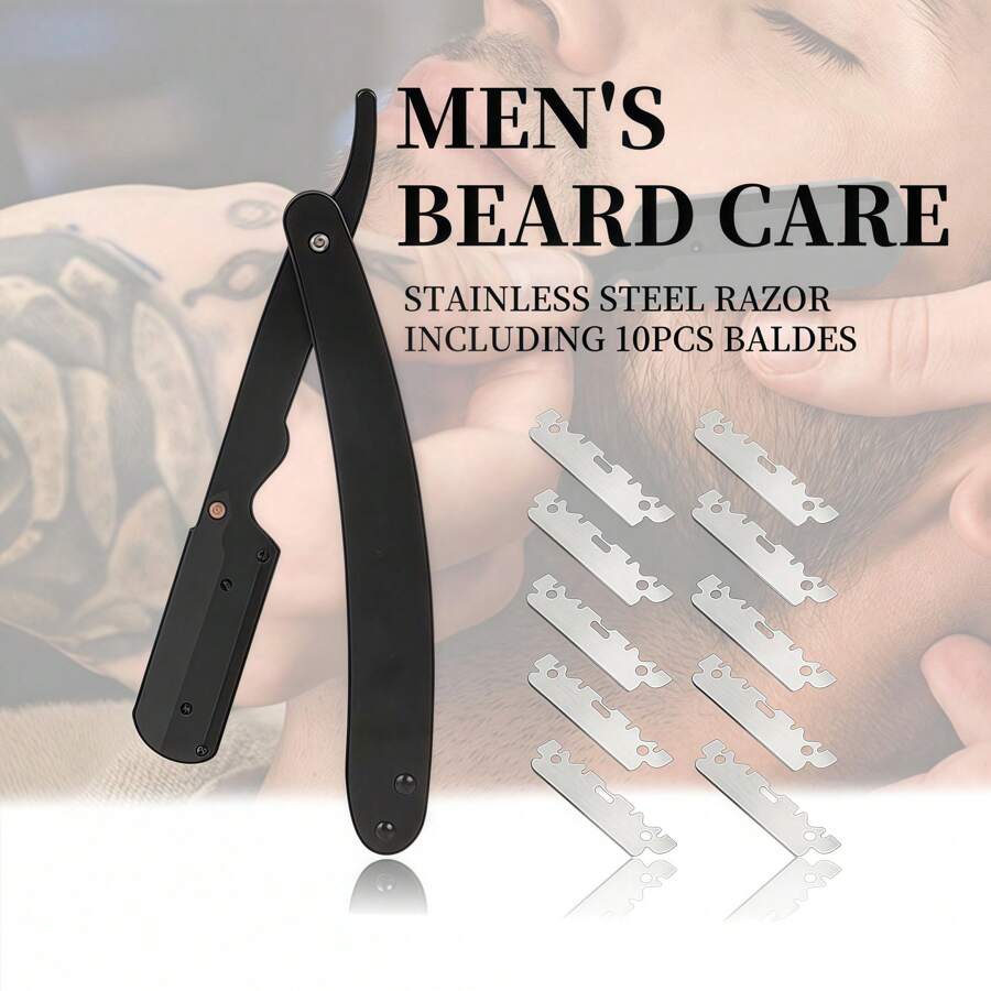 Straight Razor Set - Includes Black Stainless Steel Razor And 10 Blades, Barber Razor For Smooth Shaving And Beard Trimming, Throat Shaving For Precise Mustache And Beard Grooming, Smooth Shave For Barbers And Home Use