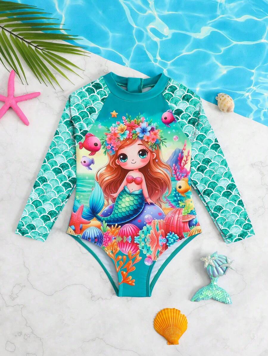 Traje de baño de una sola pieza con estampado de sirena lindo para niña joven de manga larga