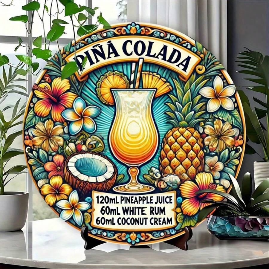 1 Stück Retro Colada Cocktail Metall Wanddekoration, 20 cm rundes Metallschild, wiederverwendbar, geeignet für Zuhause, Küche, Esszimmer, Schlafzimmer, Garten, Bad, Garage, Hotel, Büro - Montagelochstil zufällig