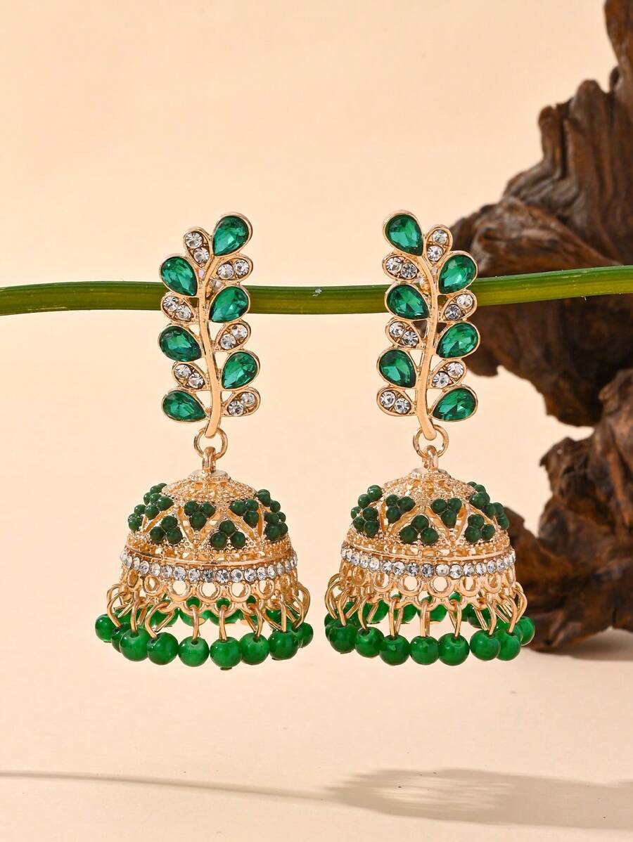 Fashionable Colorful Water Droplet Rhinestone, Rice Bead Inlay Leaf Shaped Earrings, Bohemian Style Ear Jewelry Suitable For Women's Daily Wear