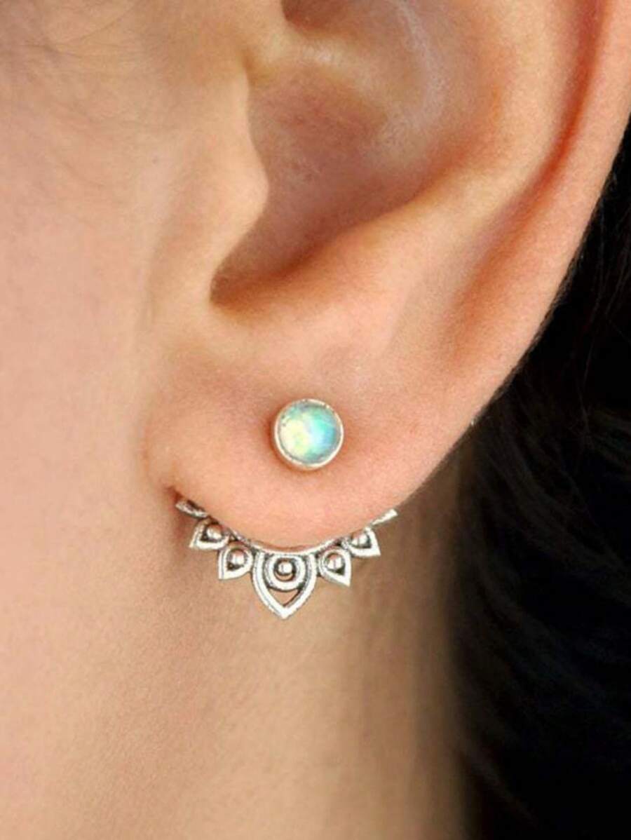 1 Paar vintage minimalistischer Ohrringe mit Cut Out Blume und Mondstein für Frauen, umkehrbares Design