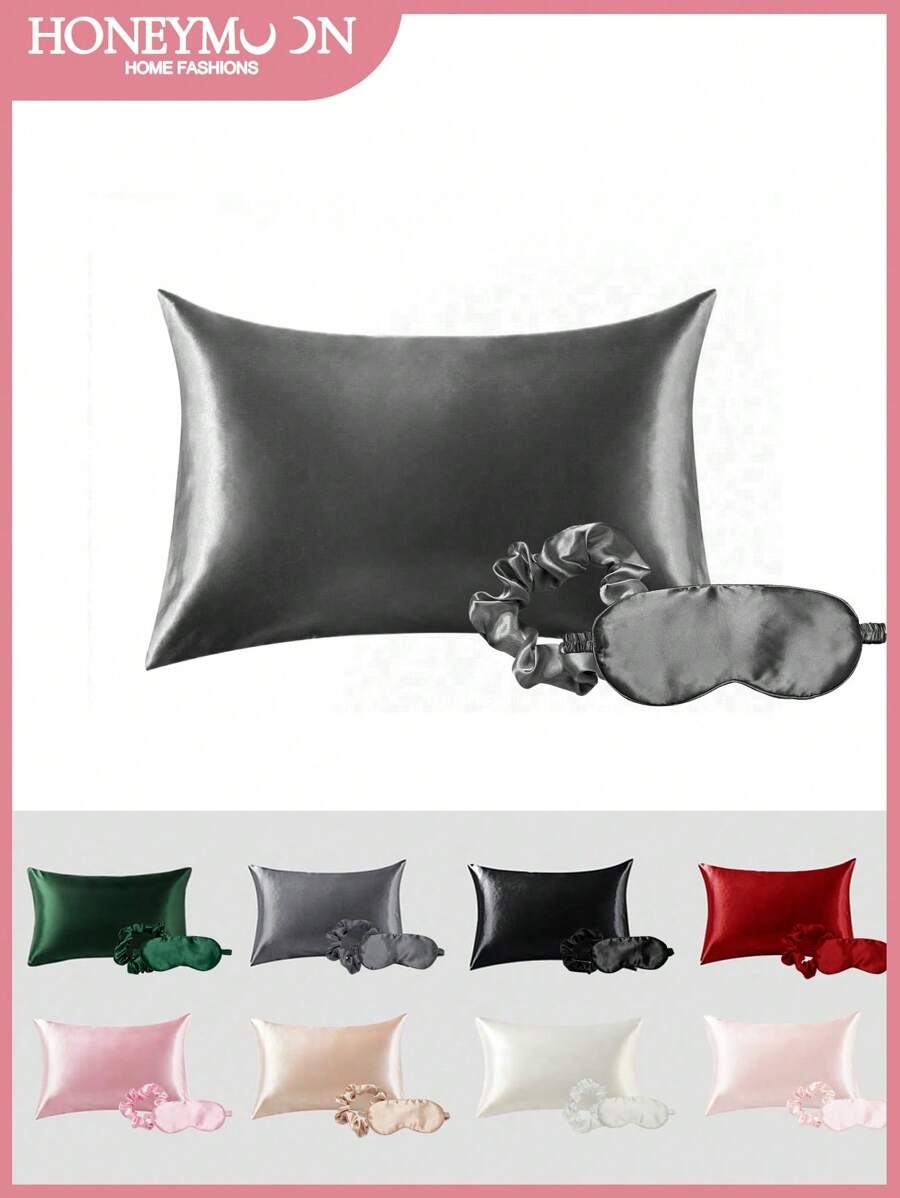 3 Pcs/Set 1pc Silky Satin Pillowcase, 1pc Blackout Eye Mask, 1pc Scrunchie,Silky Pillow Case For Hair And Skin, Luxurious And Silky Smooth, Ultra Soft And Breathable, No Pillowcore, Machine Washable ,Good Gifts For Mum Dad Friend And Travel Sleep, Wedding Gift, Grey