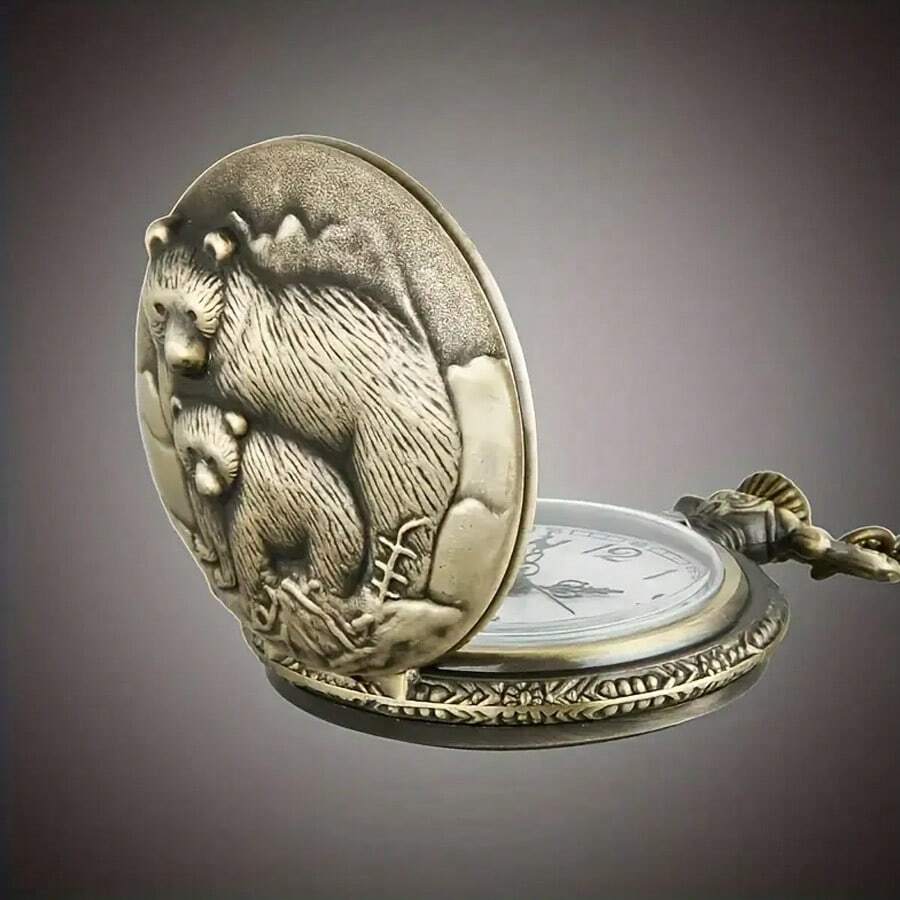 1pc Classic Vintage Style Dual Bear Design Big Size Necklace Pocket Watch, Suitable As Gift For Men And Women