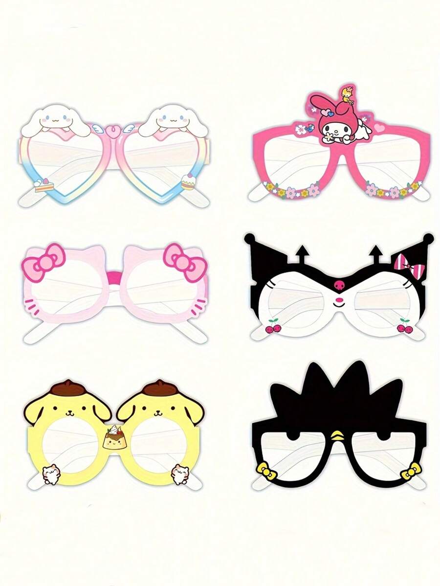 Sanrio Birthday Party Glasses Prop Set - Hello Kitty, My Melody, Kuromi-Themed Paper Photoboot Eyewear Decorations, No Feathers For Seasonal Holiday Parties