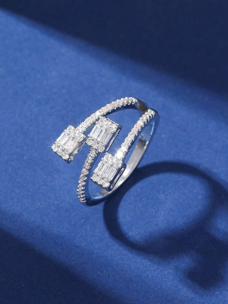 1 pieza Anillo de aleación de cobre con múltiples cuadrados y piedras de circonita incrustadas, para uso diario y fiestas de mujeres