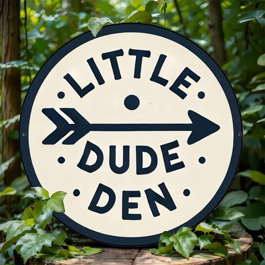 1pc 2D Retro "Little Dude Den" Metal Sign, 8 Inch Round Metal Wall Decor, Suitable For Bar And Office Decoration, Durable Waterproof, Perfect For Home, Patio, Garden, Bar Wall Art Decor - Hole Style Random